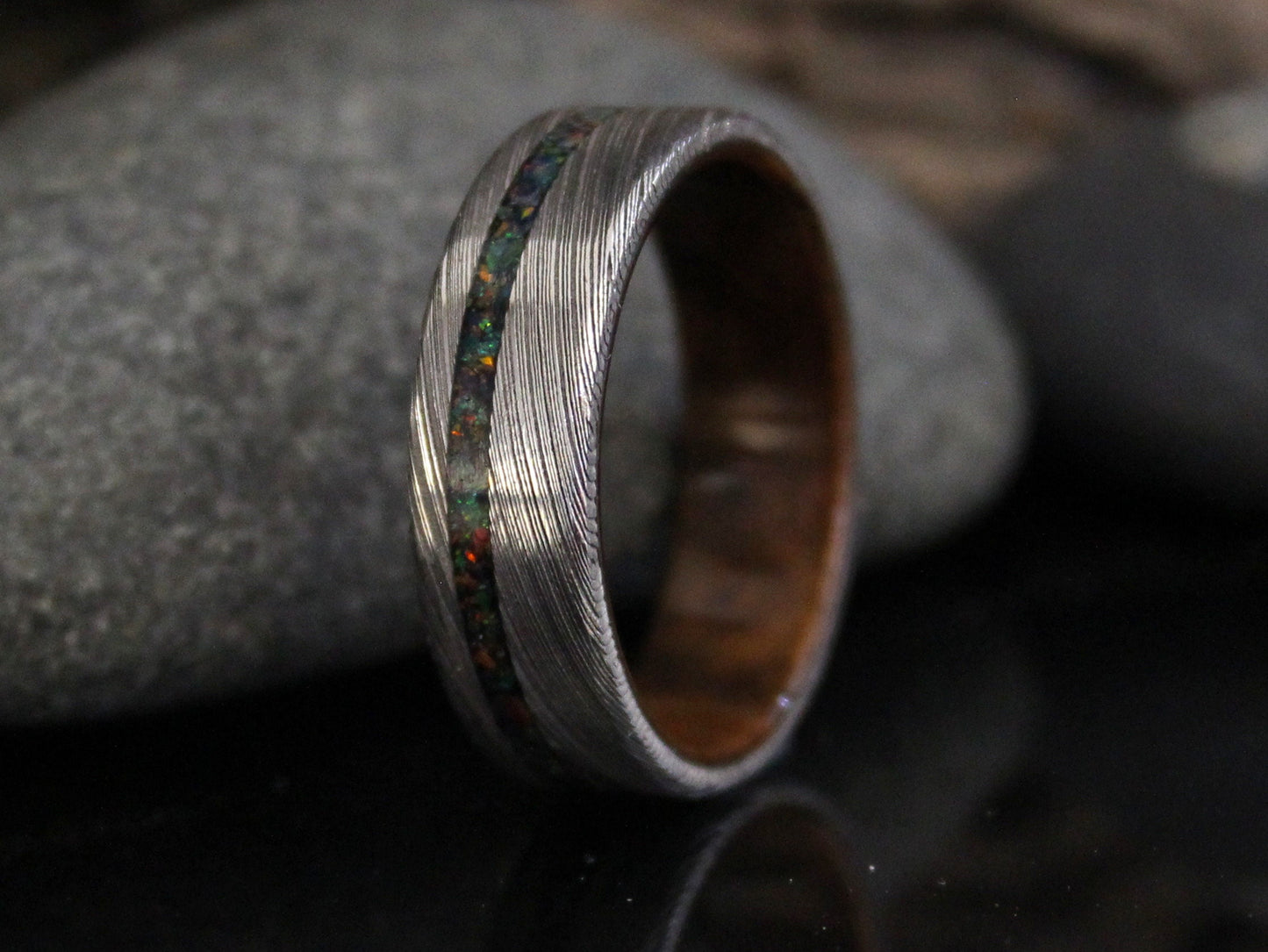 Damascus Steel Ring with Walnut Wood and Black Opal