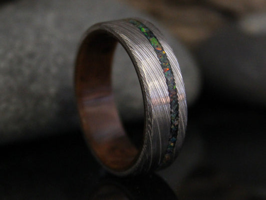 Damascus Steel Ring with Walnut Wood and Black Opal