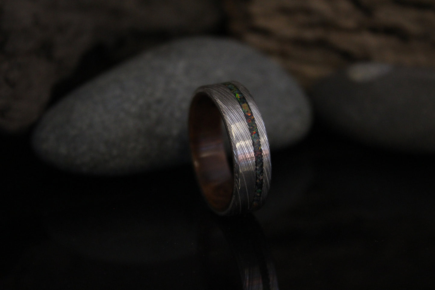 Damascus Steel Ring with Walnut Wood and Black Opal