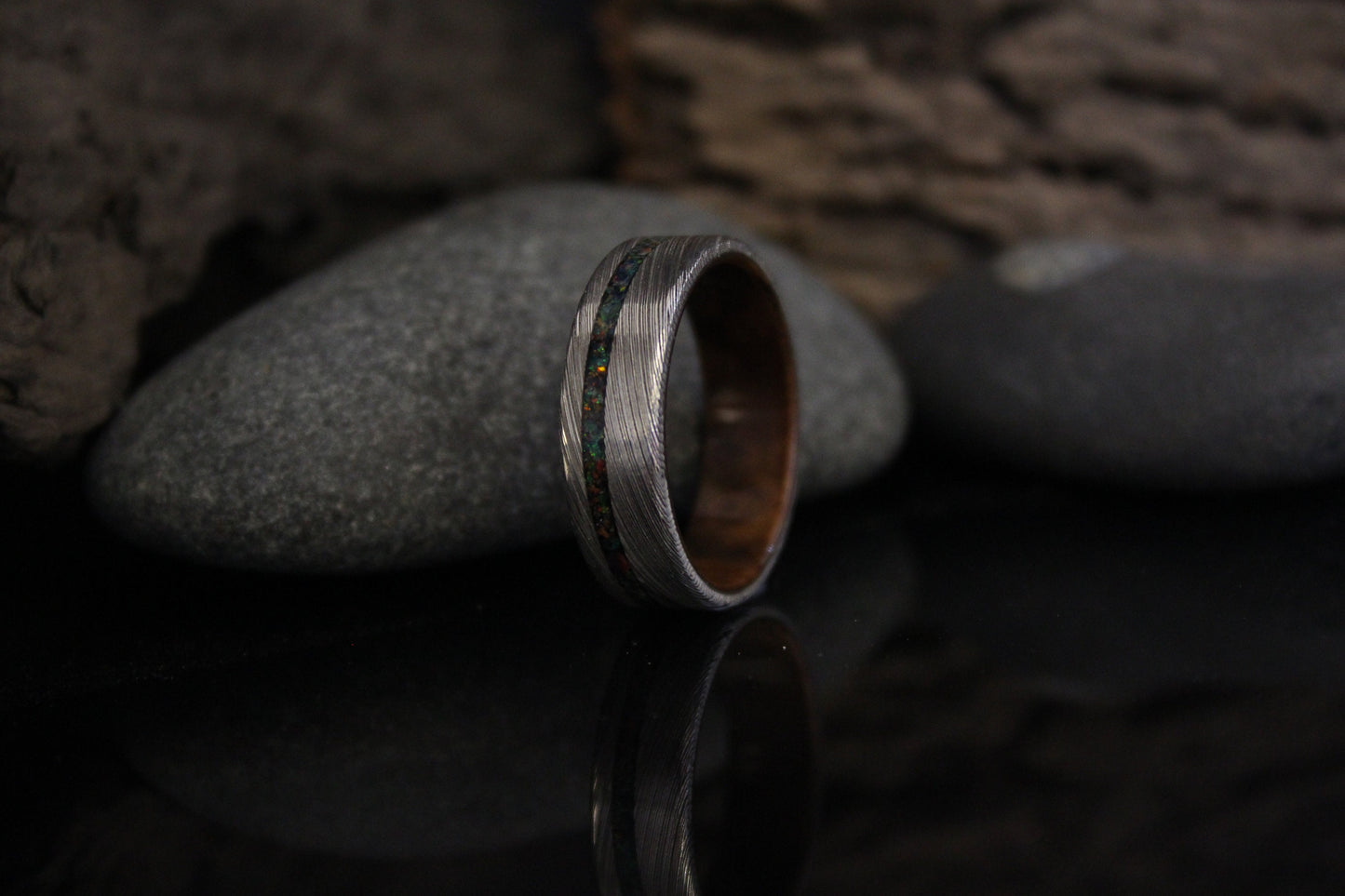 Damascus Steel Ring with Walnut Wood and Black Opal