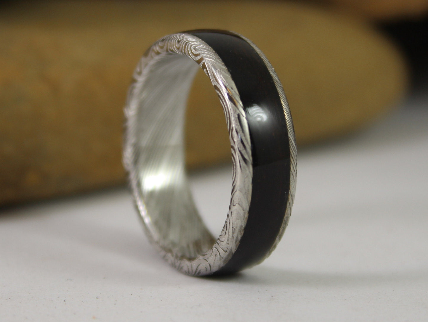 Damascus Steel Ring With Ebony Wood Inlay