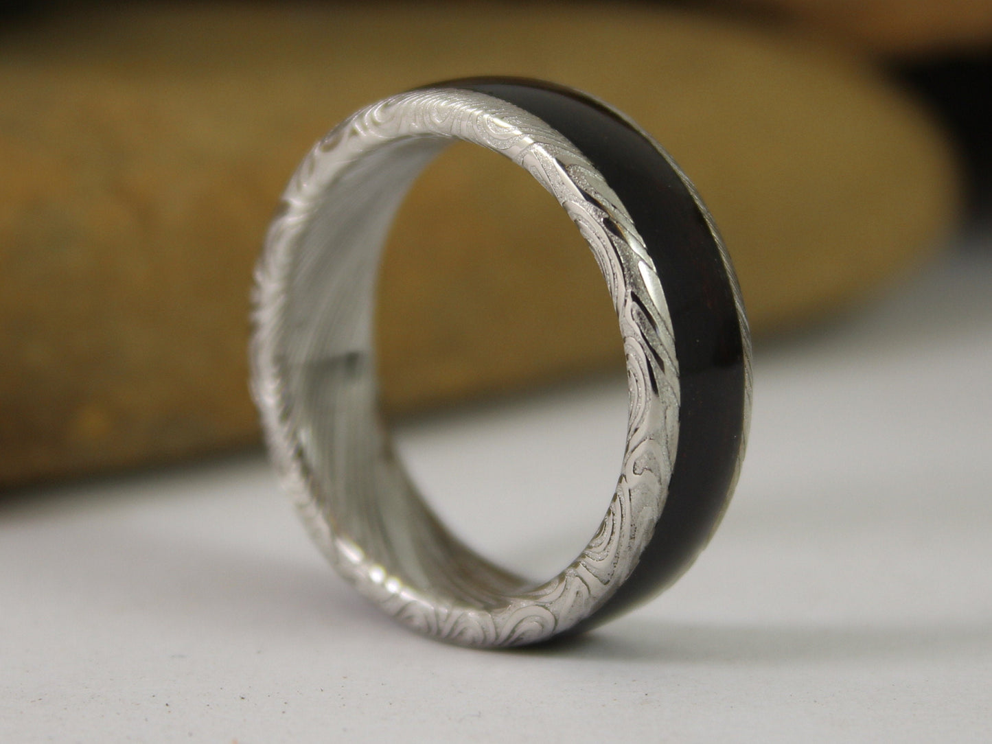 Damascus Steel Ring With Ebony Wood Inlay