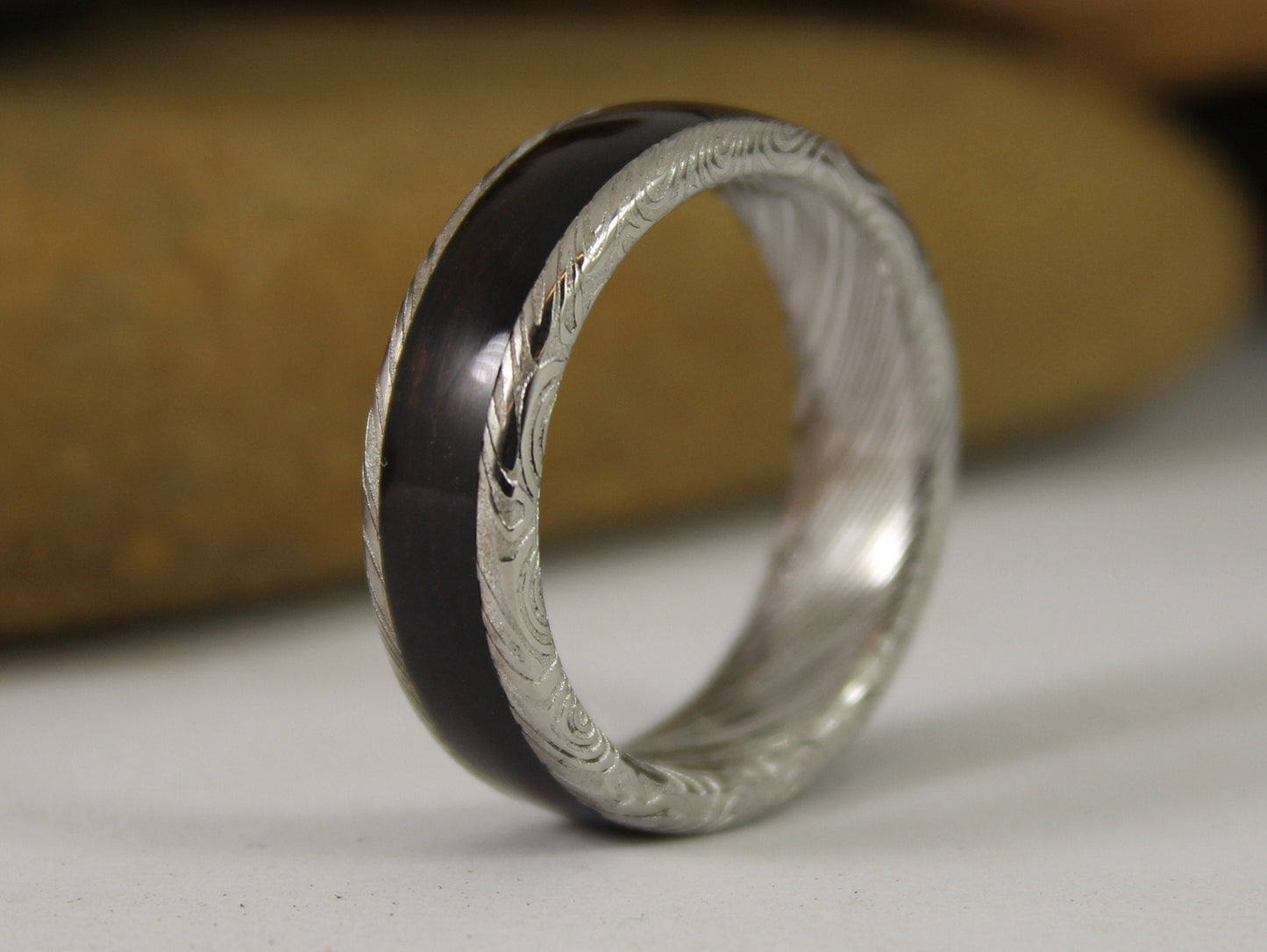 Damascus Steel Ring With Ebony Wood Inlay