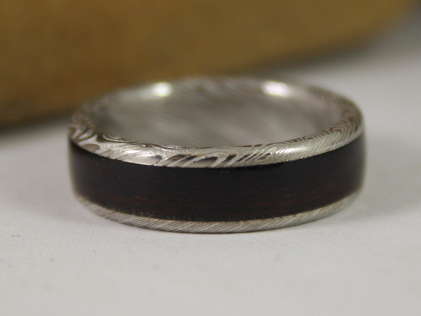 Damascus Steel Ring With Ebony Wood Inlay