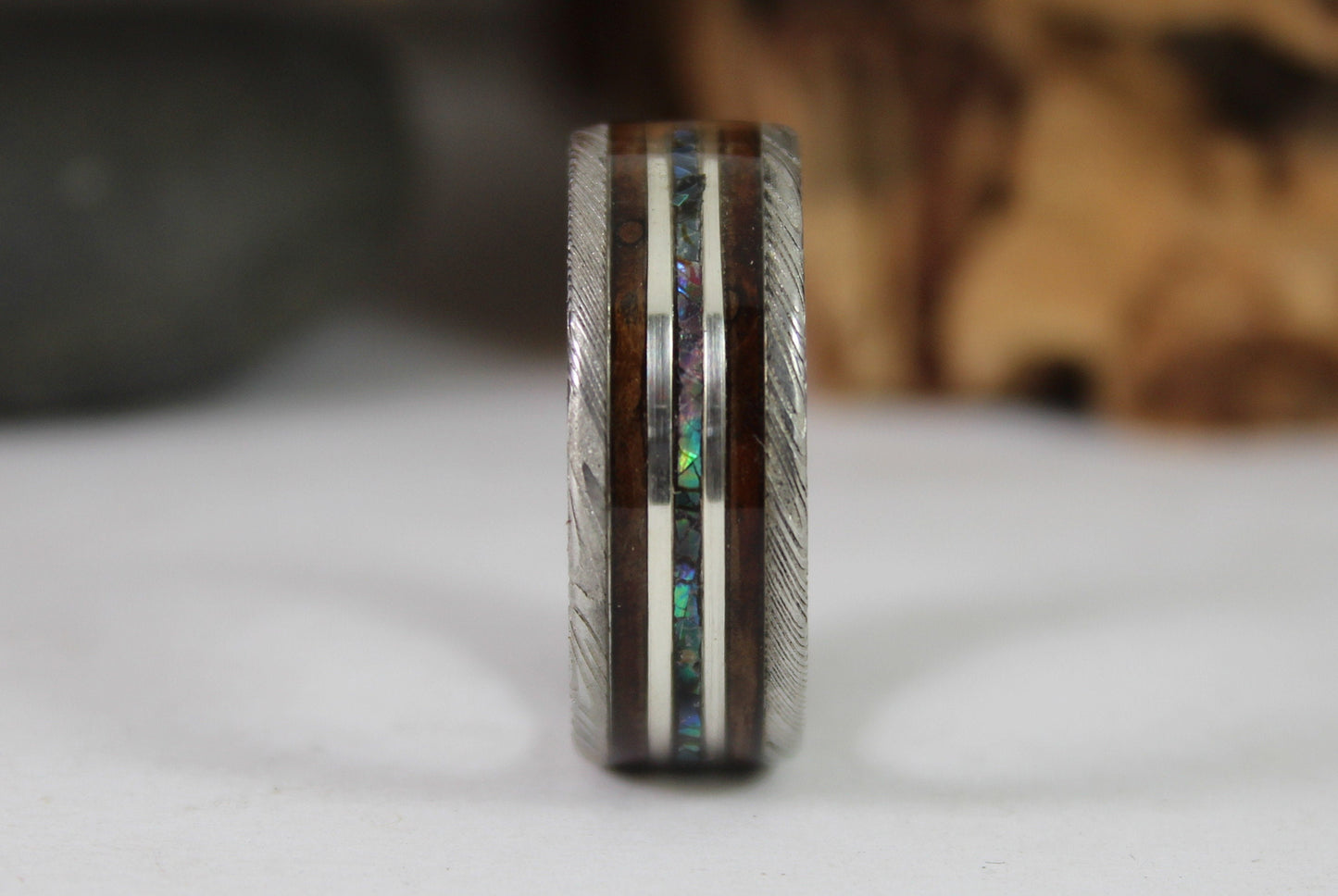 Damascus Steel Ring with Wood, Abalone Shell and Silver