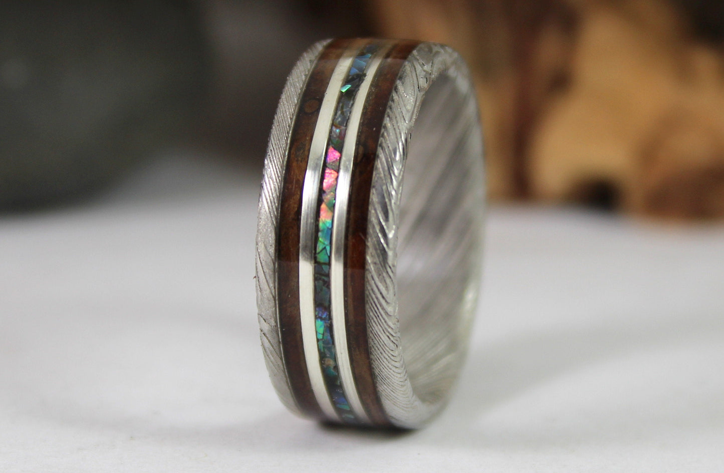 Damascus Steel Ring with Wood, Abalone Shell and Silver