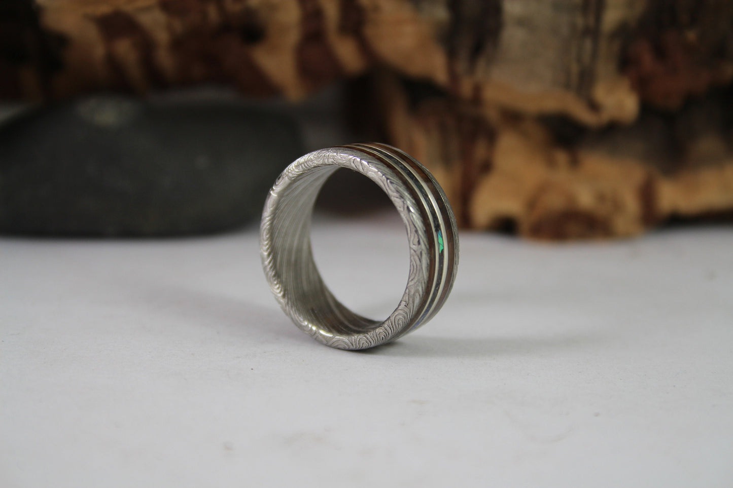 Damascus Steel Ring with Wood, Abalone Shell and Silver