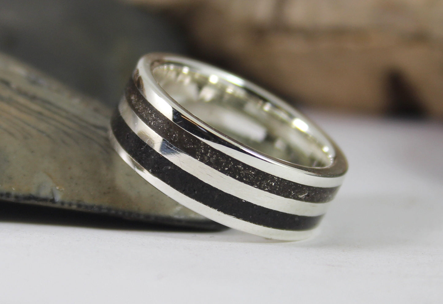 Silver Ring with Megalodon Tooth Fossil and Tektite Meteorite