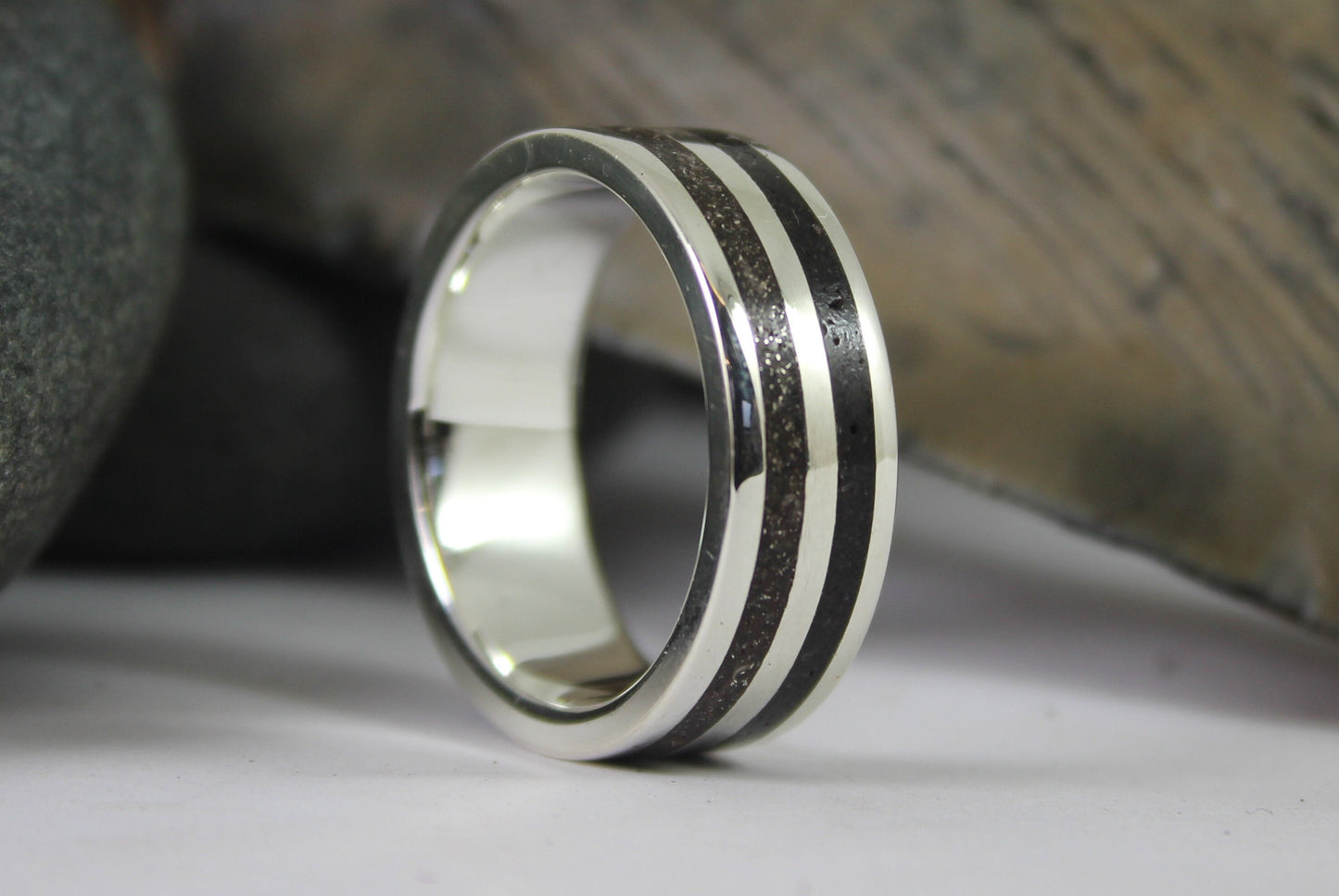 Silver Ring with Megalodon Tooth Fossil and Tektite Meteorite