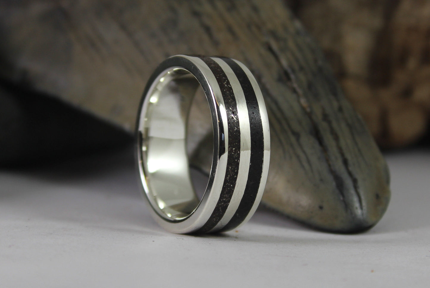 Silver Ring with Megalodon Tooth Fossil and Tektite Meteorite