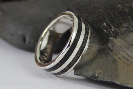 Silver Ring with Megalodon Tooth Fossil and Tektite Meteorite