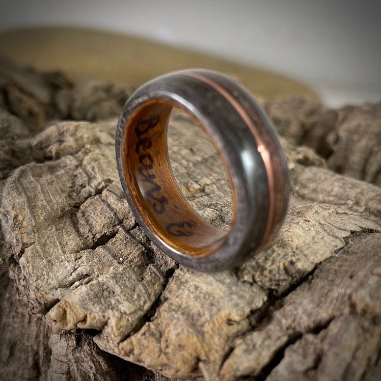 Dinosaur Bone, Meteorite and Copper Bent Wood Ring (Rosewood & Grey Maple)