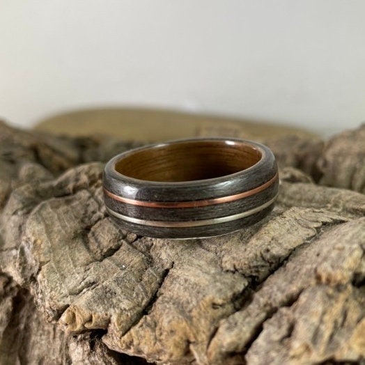 Walnut & Grey Maple with Copper and Silver Bent Wood Ring