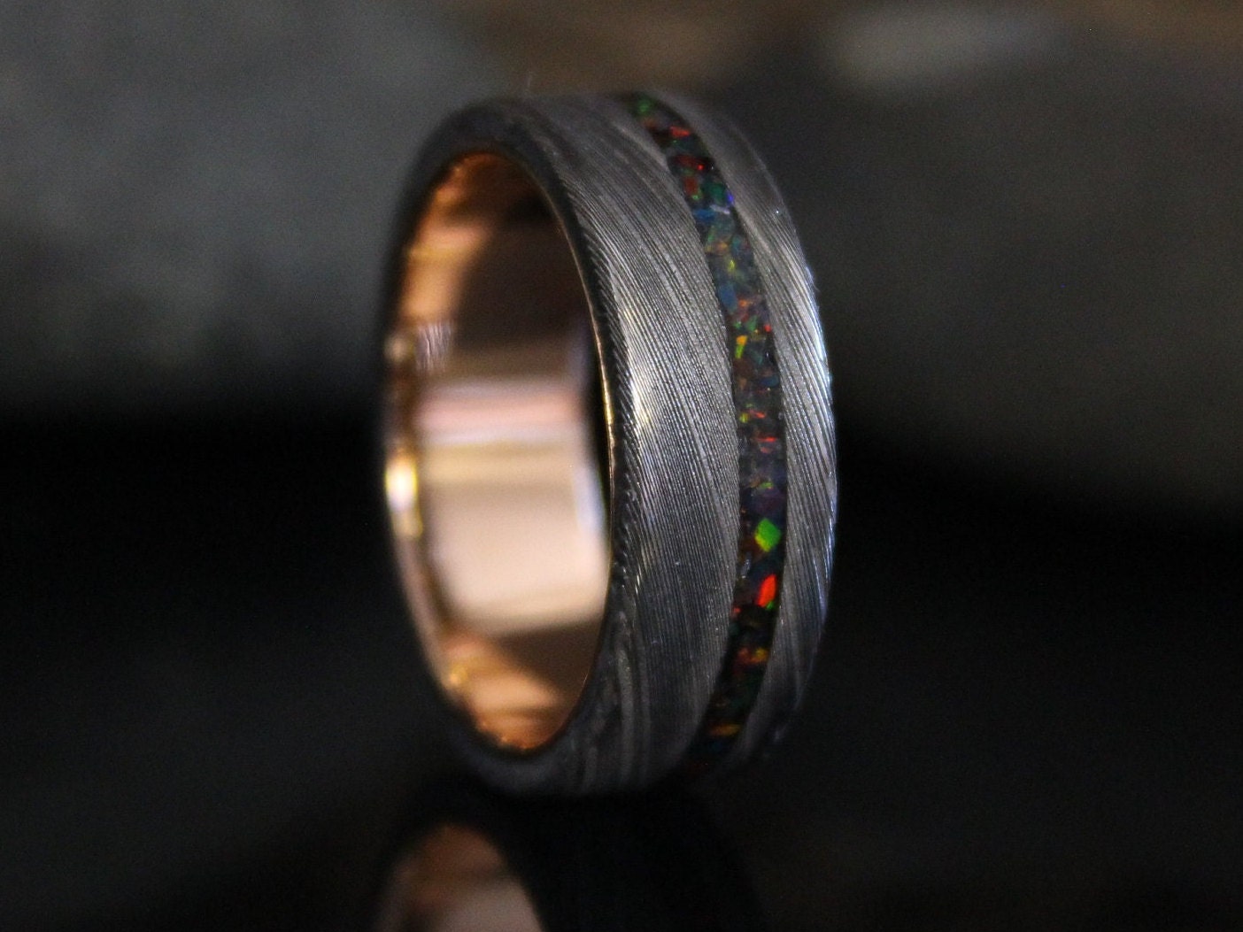 Damascus Steel Ring with Rose Gold and Black Opal