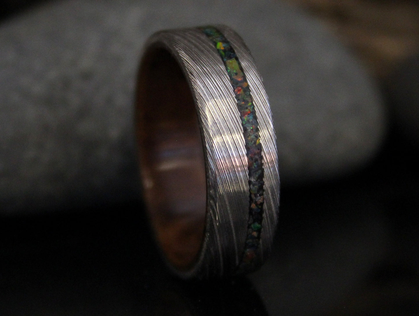 Damascus Steel Ring with Walnut Wood and Black Opal