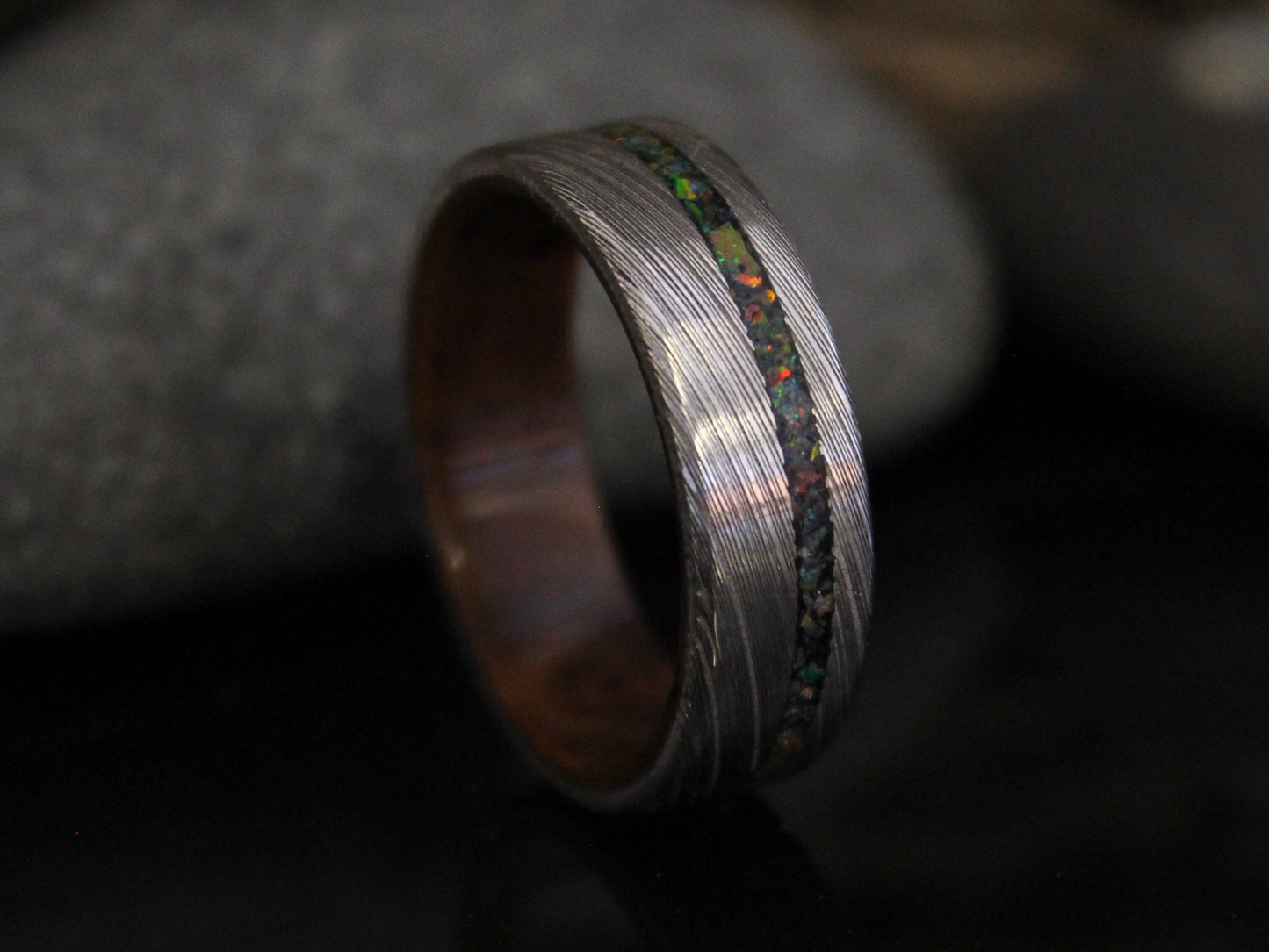 Damascus Steel Ring with Walnut Wood and Black Opal