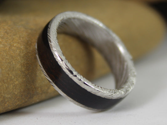 Damascus Steel Ring With Ebony Wood Inlay