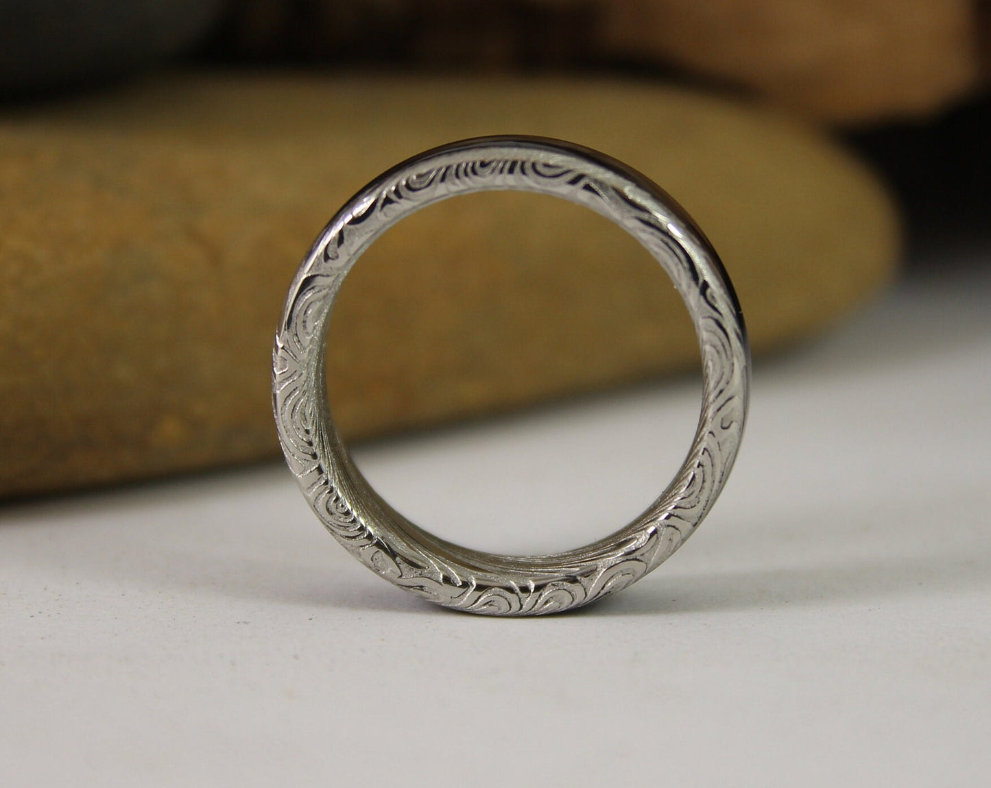 Damascus Steel Ring With Ebony Wood Inlay