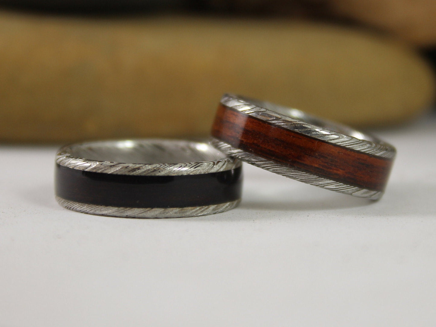 Damascus Steel Ring With Ebony Wood Inlay