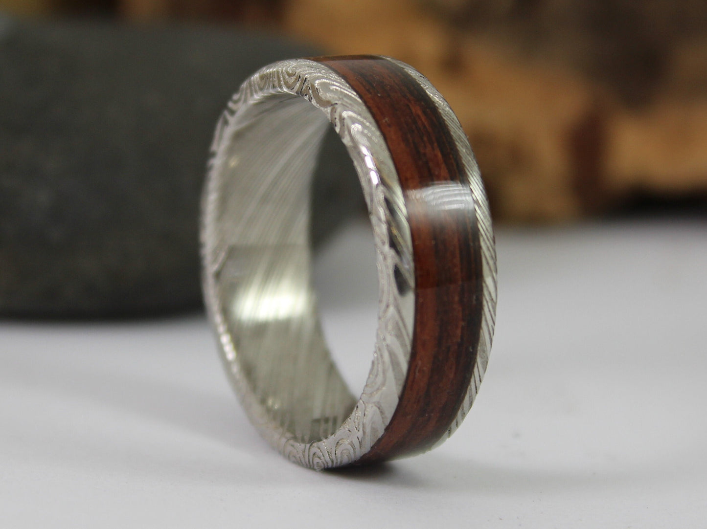 Damascus Steel Ring With Kingwood Inlay