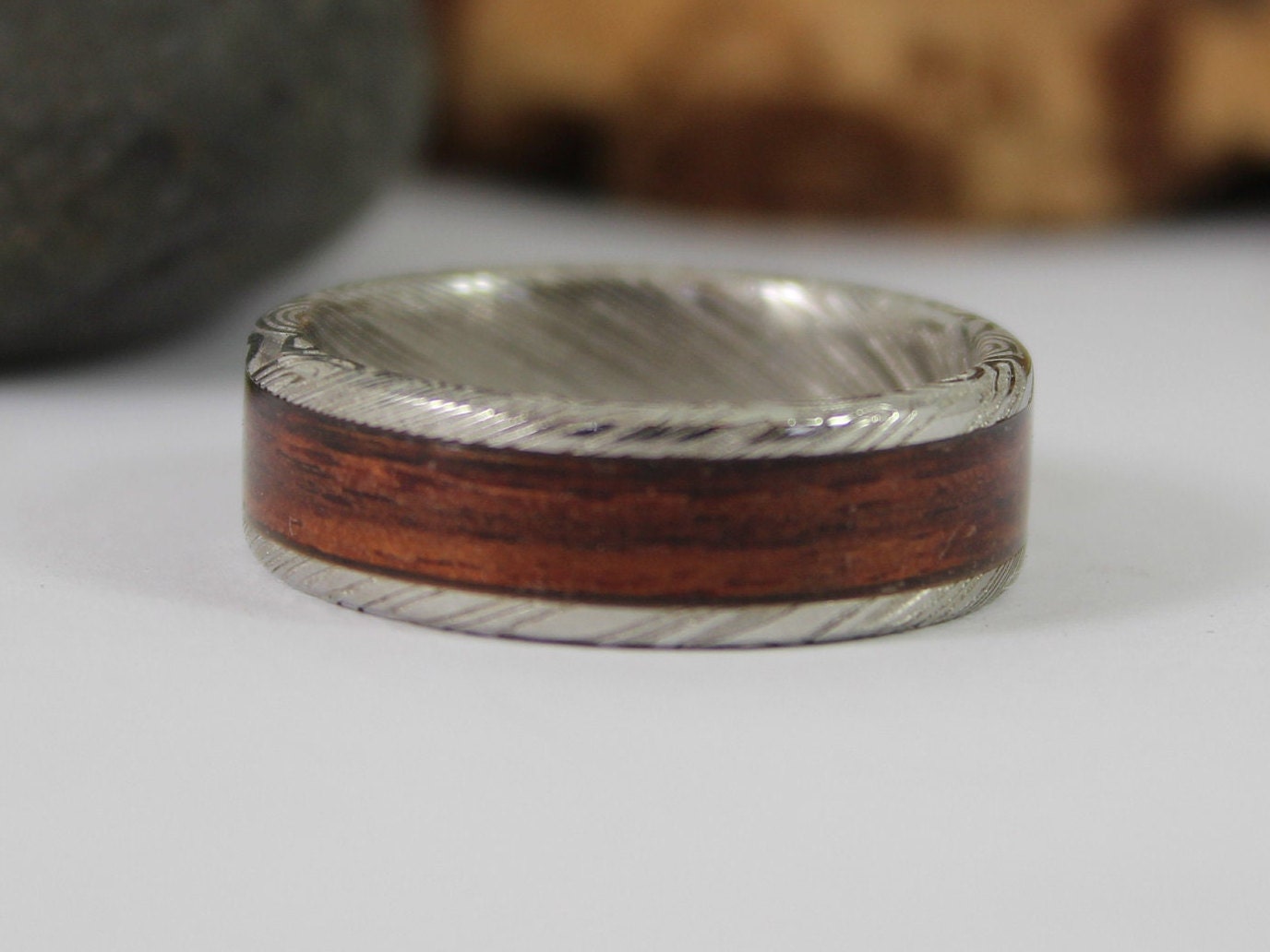 Damascus Steel Ring With Kingwood Inlay