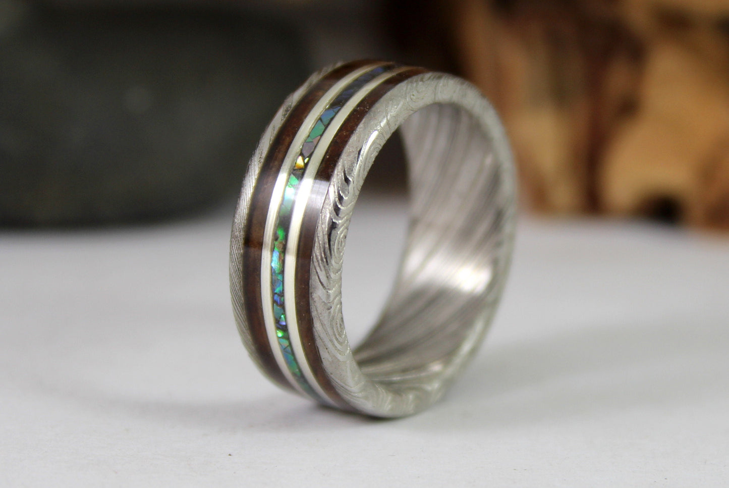 Damascus Steel Ring with Wood, Abalone Shell and Silver