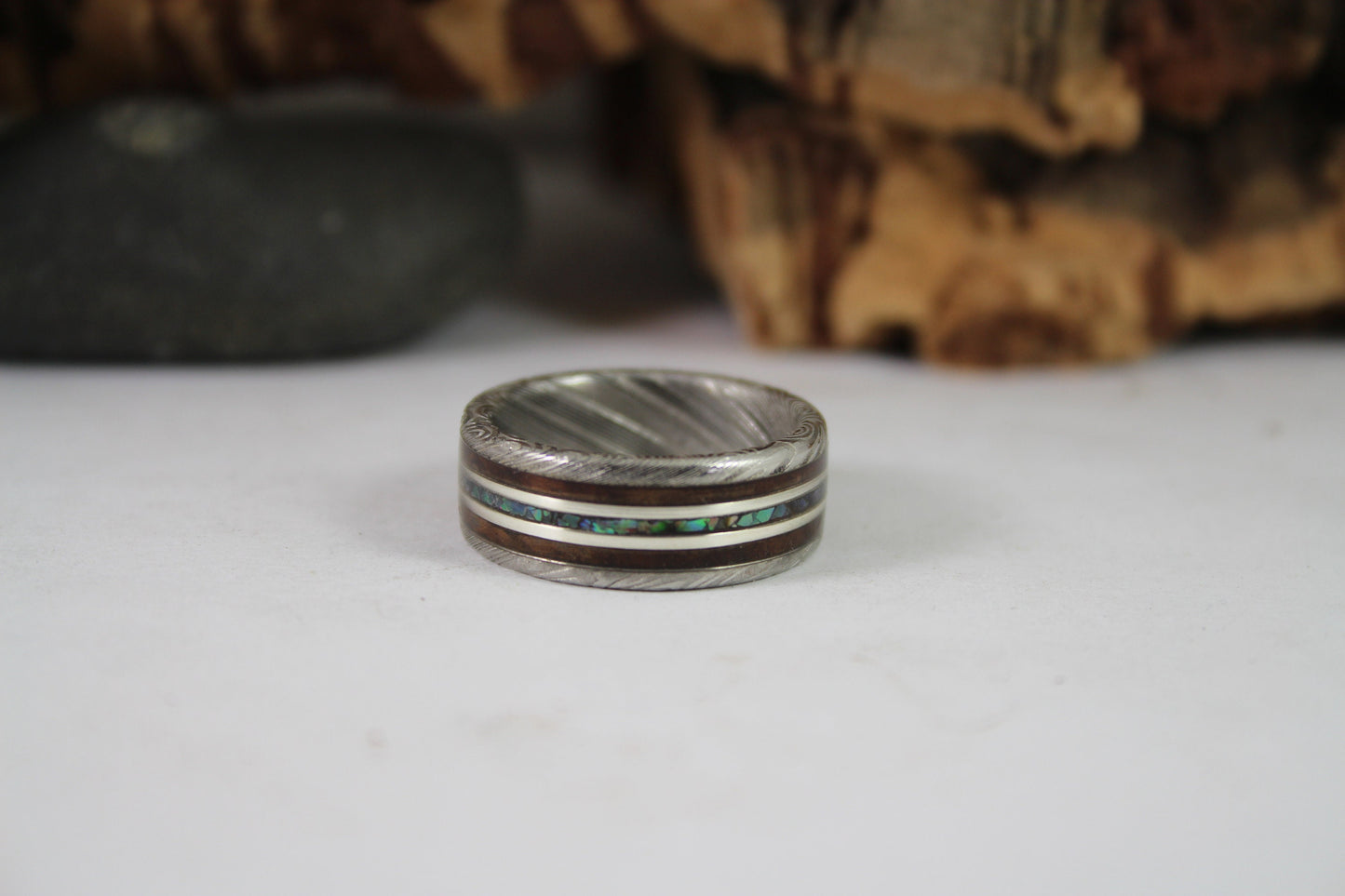 Damascus Steel Ring with Wood, Abalone Shell and Silver