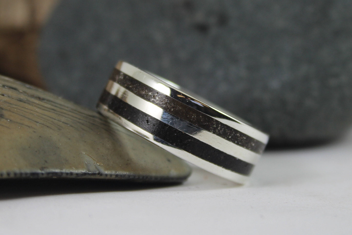 Silver Ring with Megalodon Tooth Fossil and Tektite Meteorite