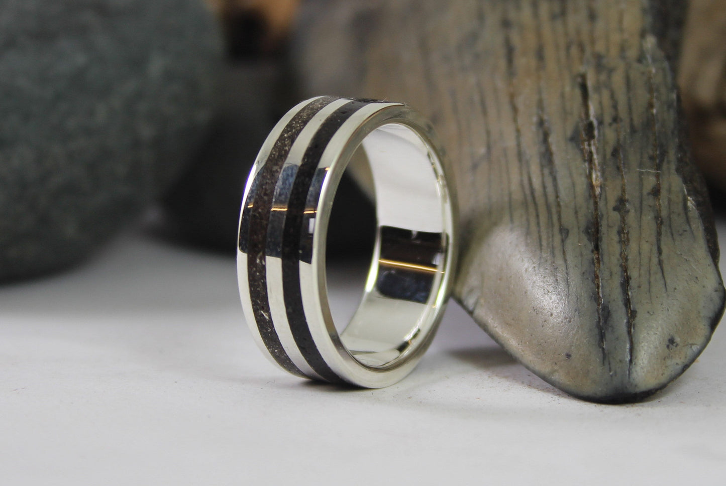 Silver Ring with Megalodon Tooth Fossil and Tektite Meteorite