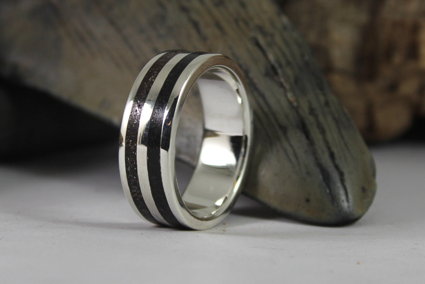 Silver Ring with Megalodon Tooth Fossil and Tektite Meteorite