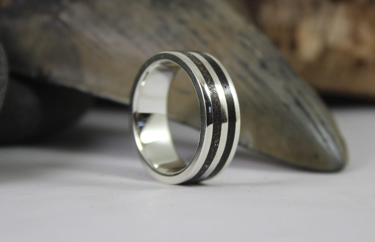 Silver Ring with Megalodon Tooth Fossil and Tektite Meteorite