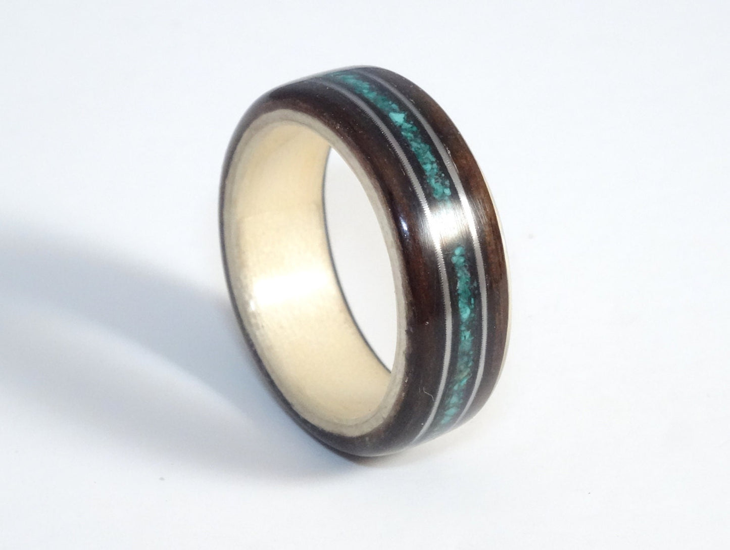 Ebony & Maple Wood Ring with Turquoise and Guitar Strings Bent Wood Ring