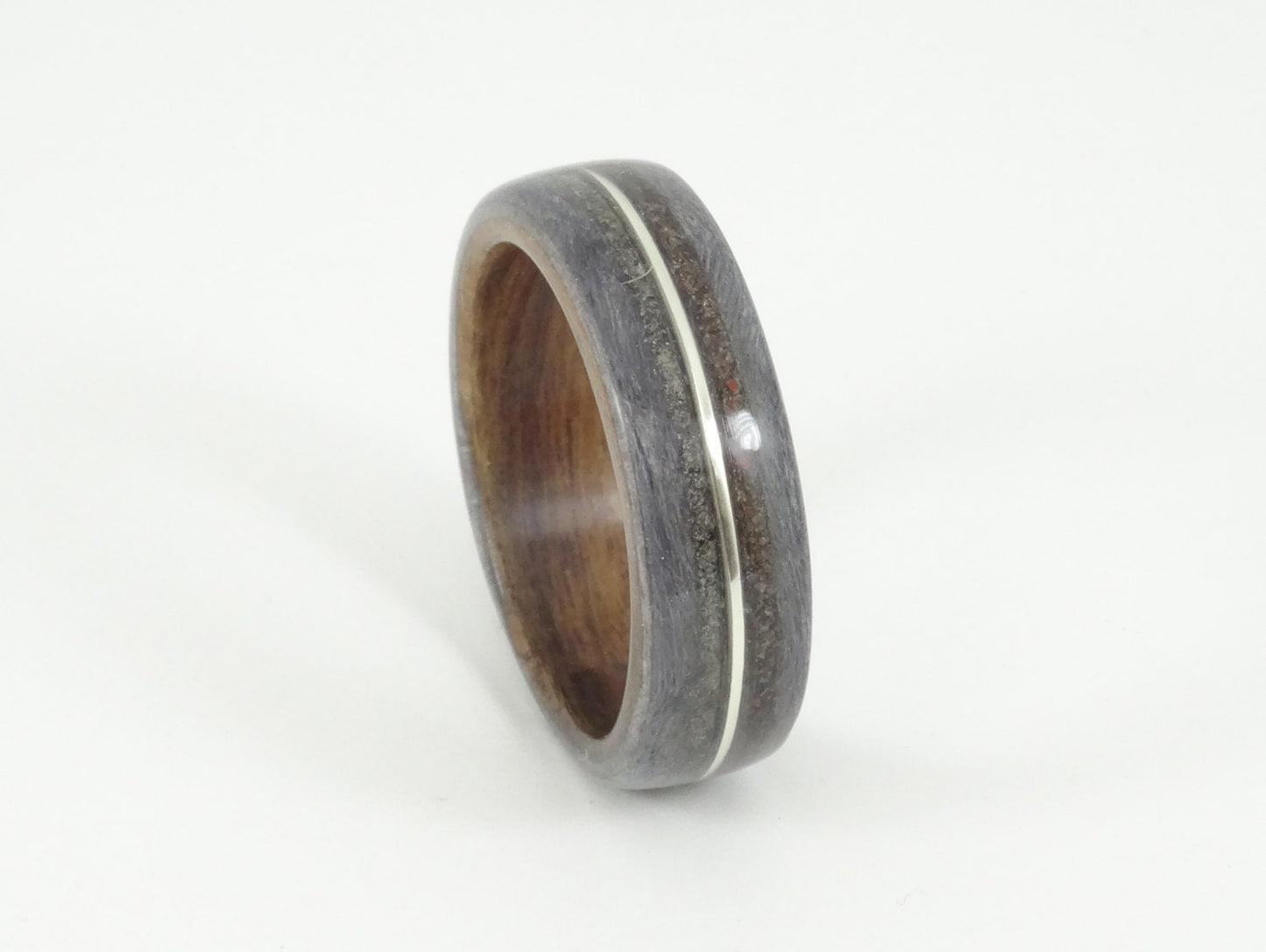 Grey Maple & Rosewood Bent Wood Ring with Dinosaur Bone, Meteorite and Silver