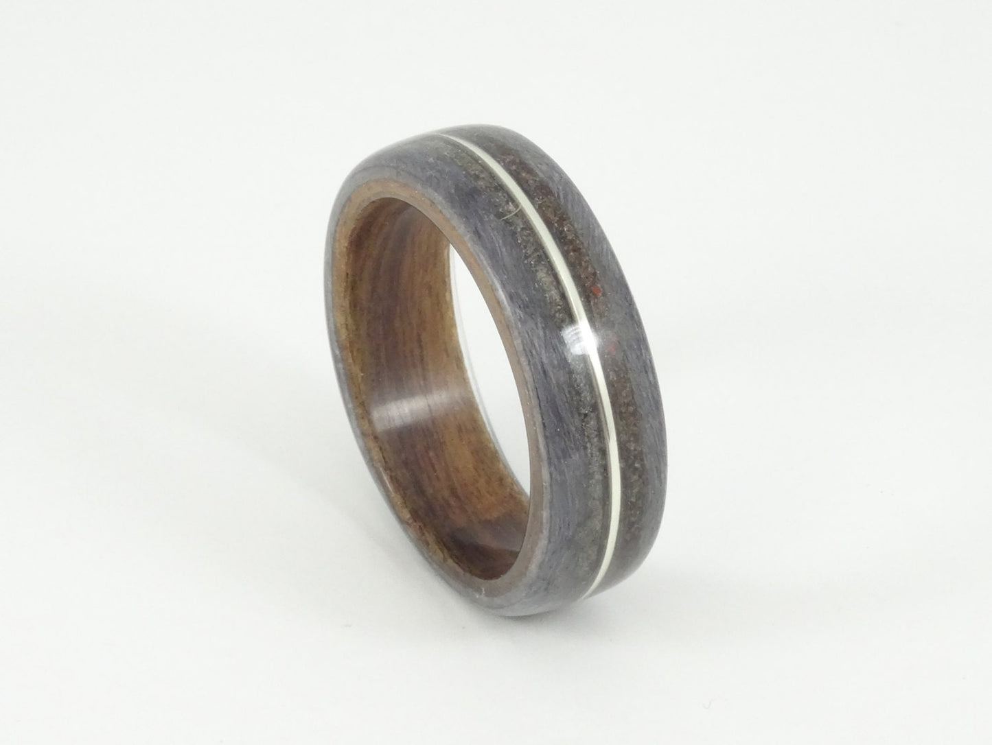 Grey Maple & Rosewood Bent Wood Ring with Dinosaur Bone, Meteorite and Silver