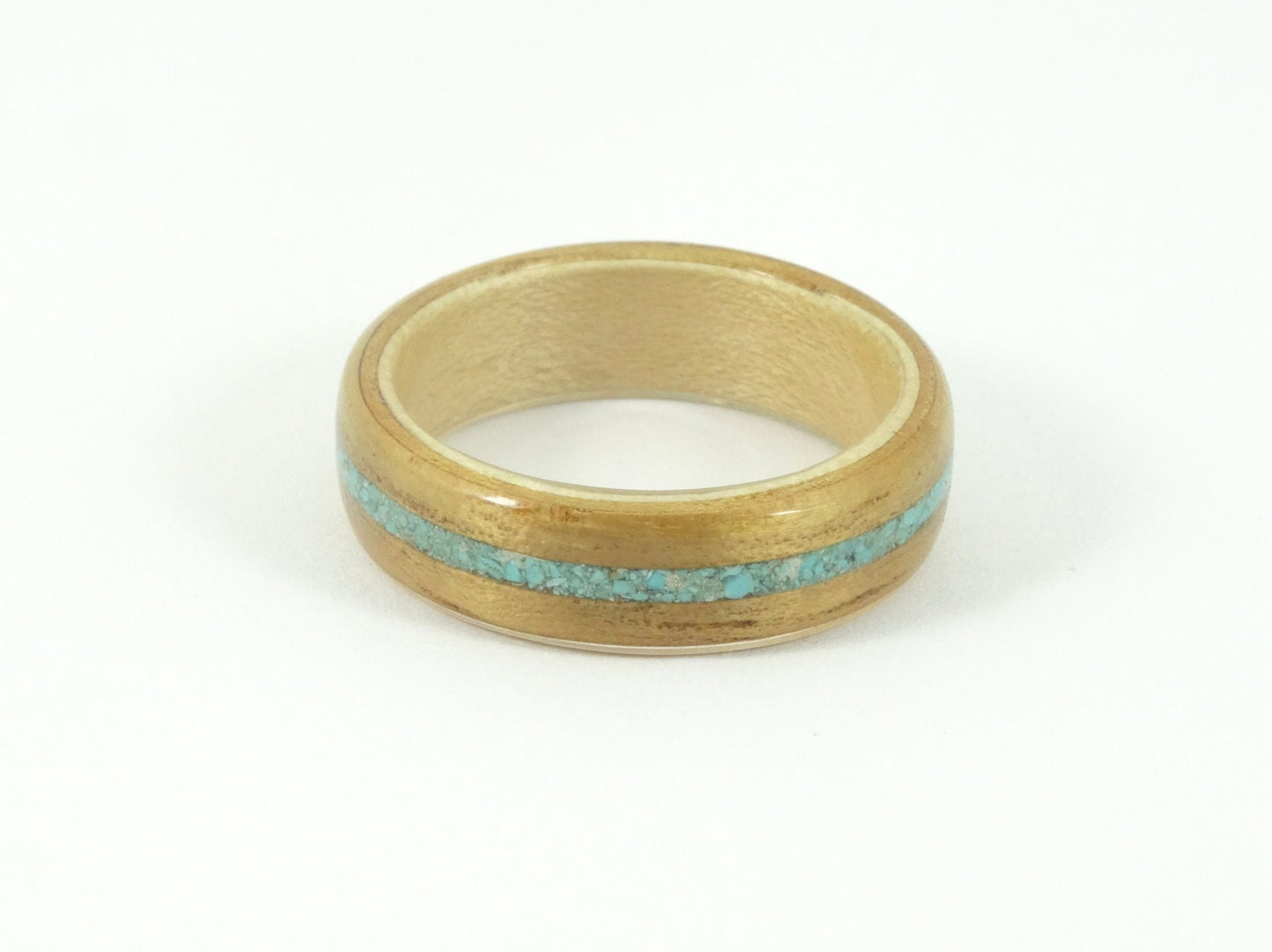 Hawaiian Koa Wood Ring with Maple & Turquoise Inlay. Bent Wood Ring.