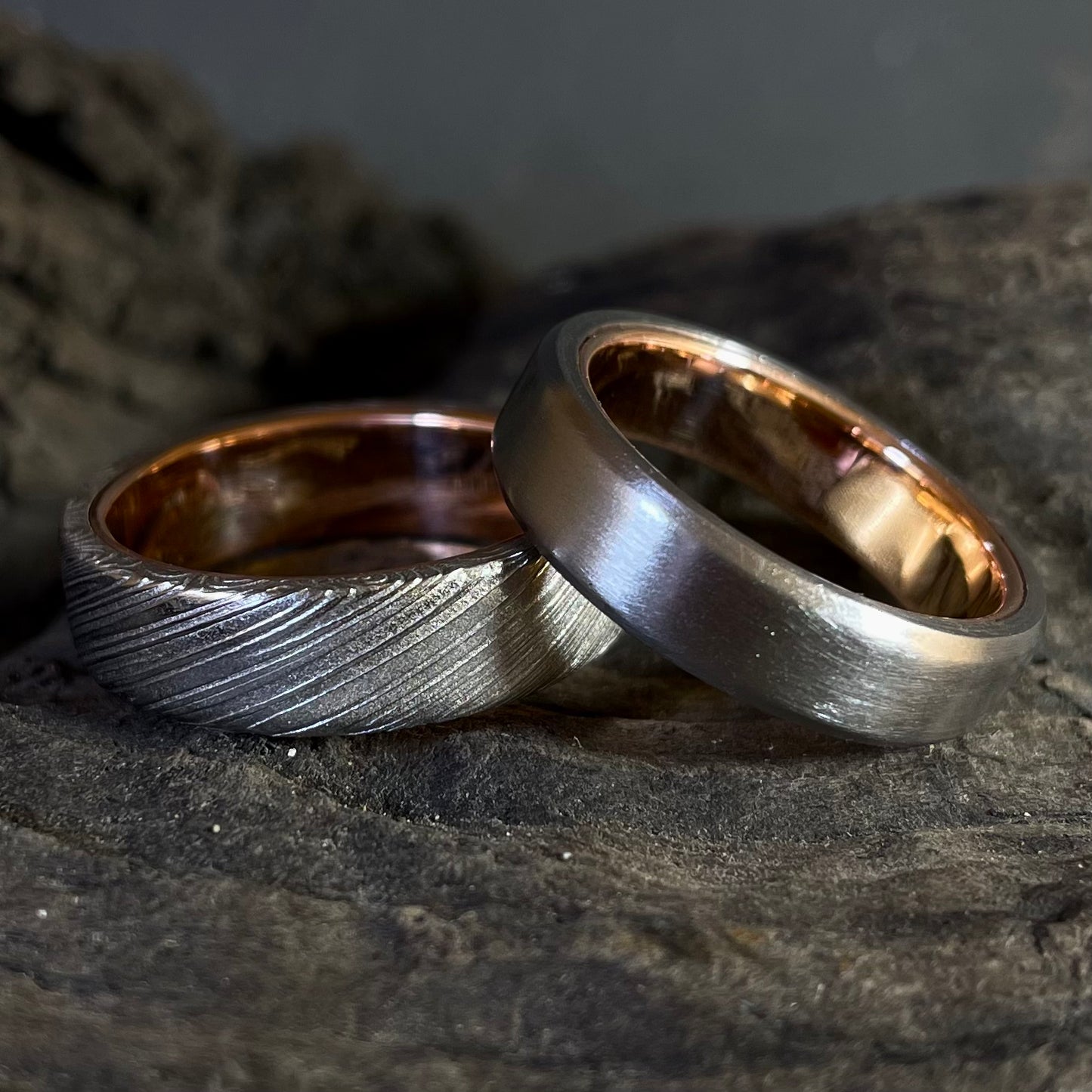 Dense Twist Damascus Steel Ring with 9ct Rose Gold Inside
