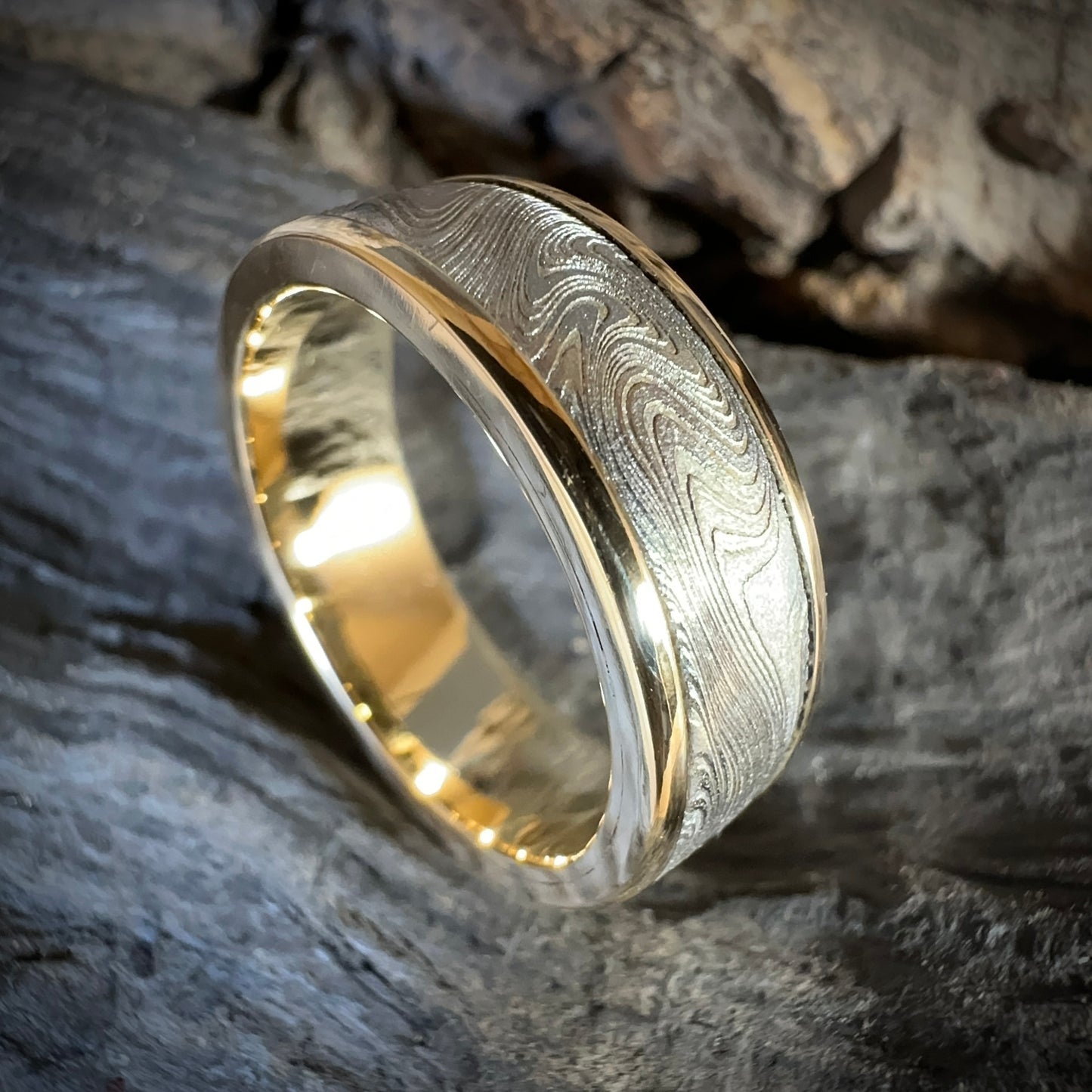 Kona Damascus Steel Ring with 9ct Gold Core