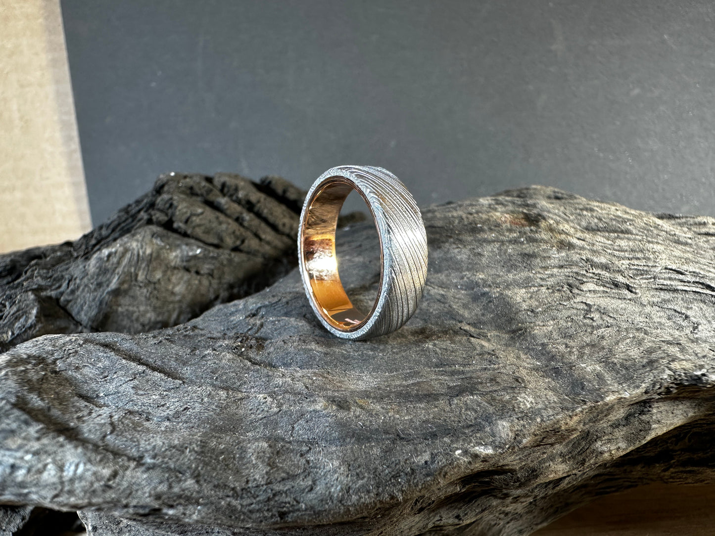 Dense Twist Damascus Steel Ring with 9ct Rose Gold Inside