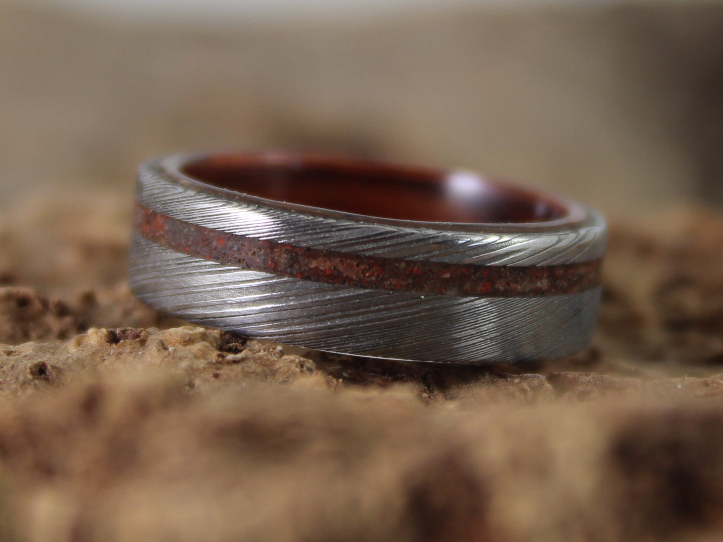 Damascus Steel Ring with Kingwood and Dinosaur Bone