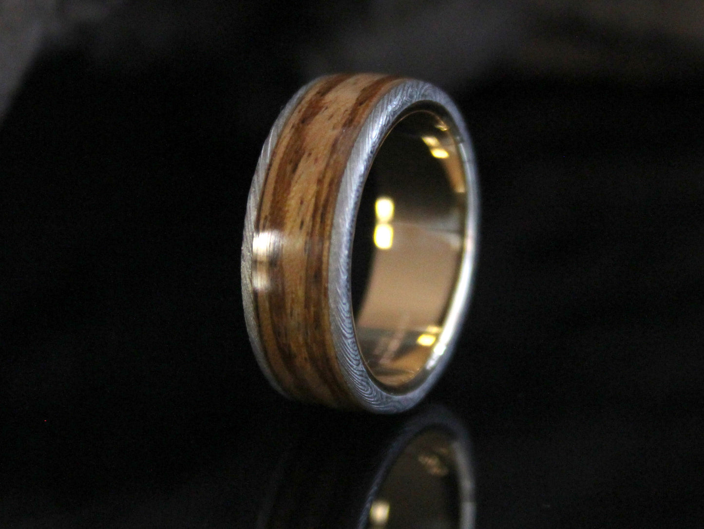 Gold & Damascus Steel Ring with Zebra Wood