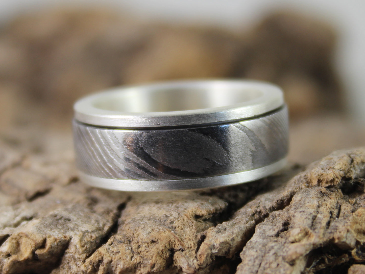 Silver & Damascus Steel Spinner Ring