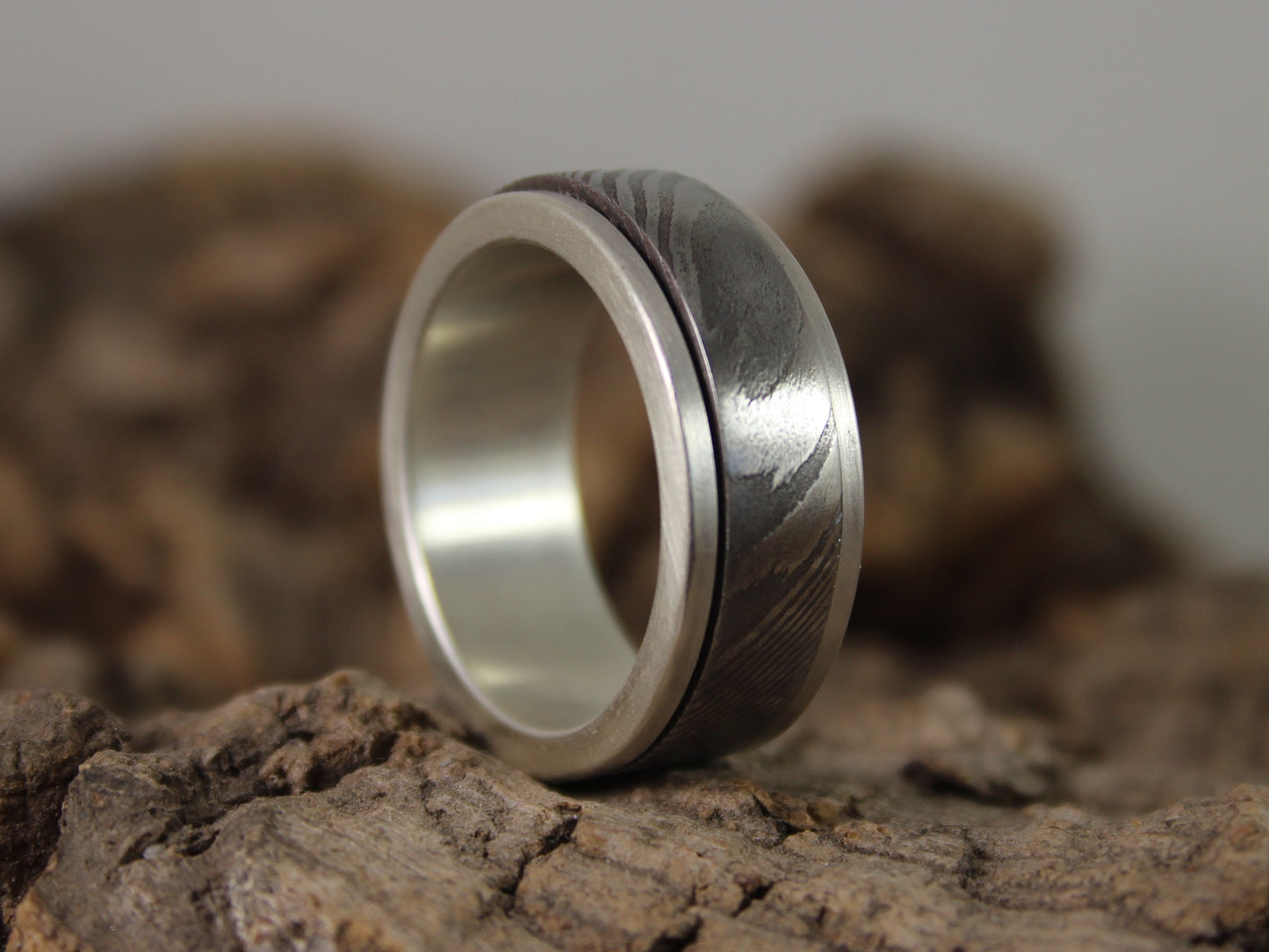 Silver & Damascus Steel Spinner Ring