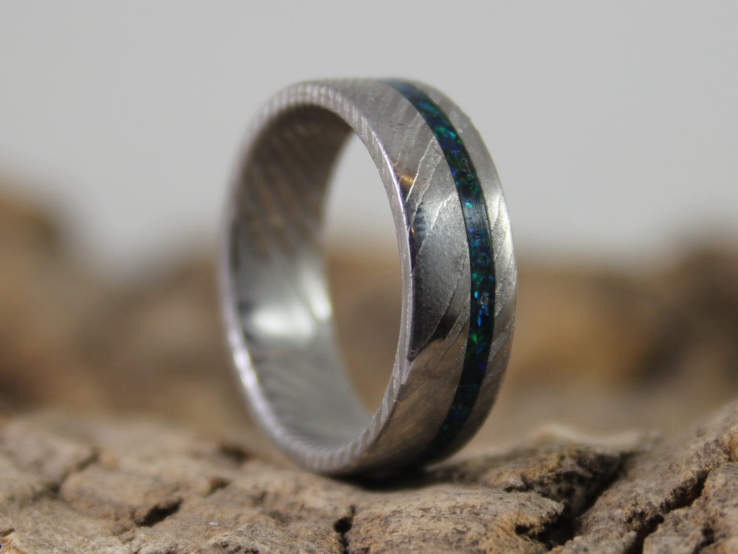Damascus Steel Ring with Green Opal