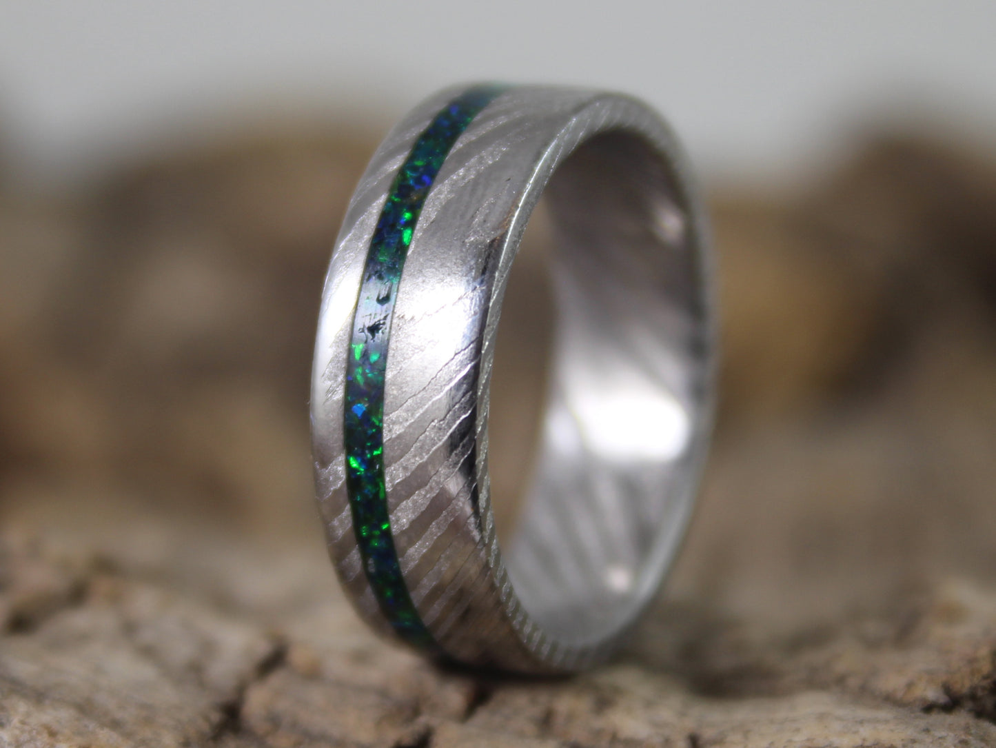Damascus Steel Ring with Green Opal