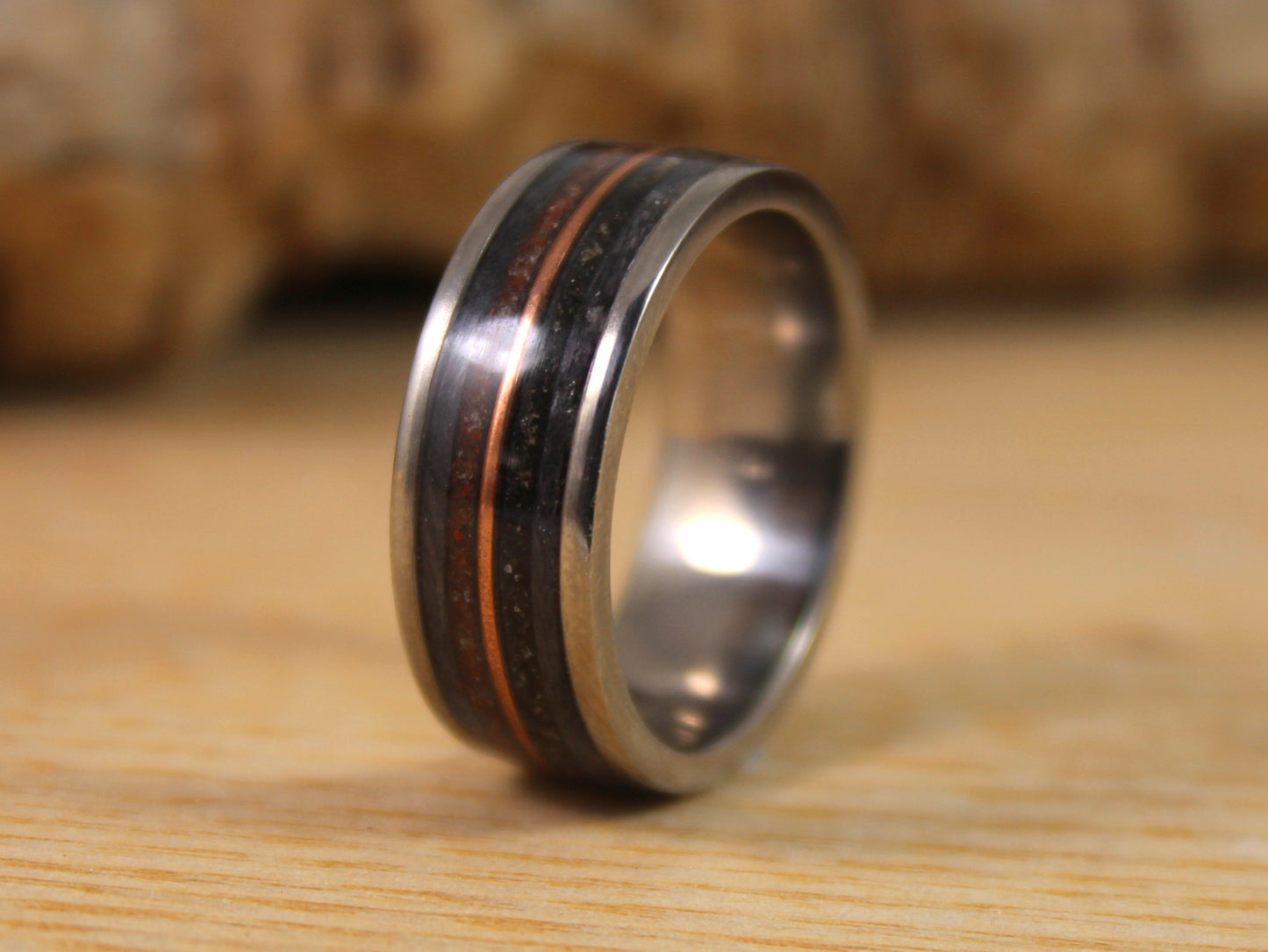 Steel Ring with Dinosaur Bone, Tektite Meteorite, Grey Maple and a Copper