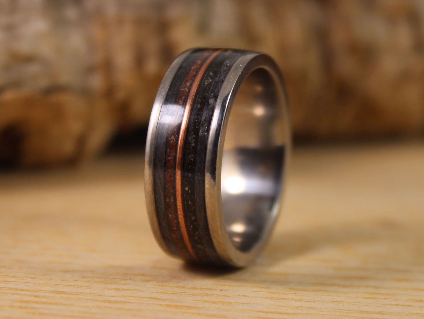 Steel Ring with Dinosaur Bone, Tektite Meteorite, Grey Maple and a Copper