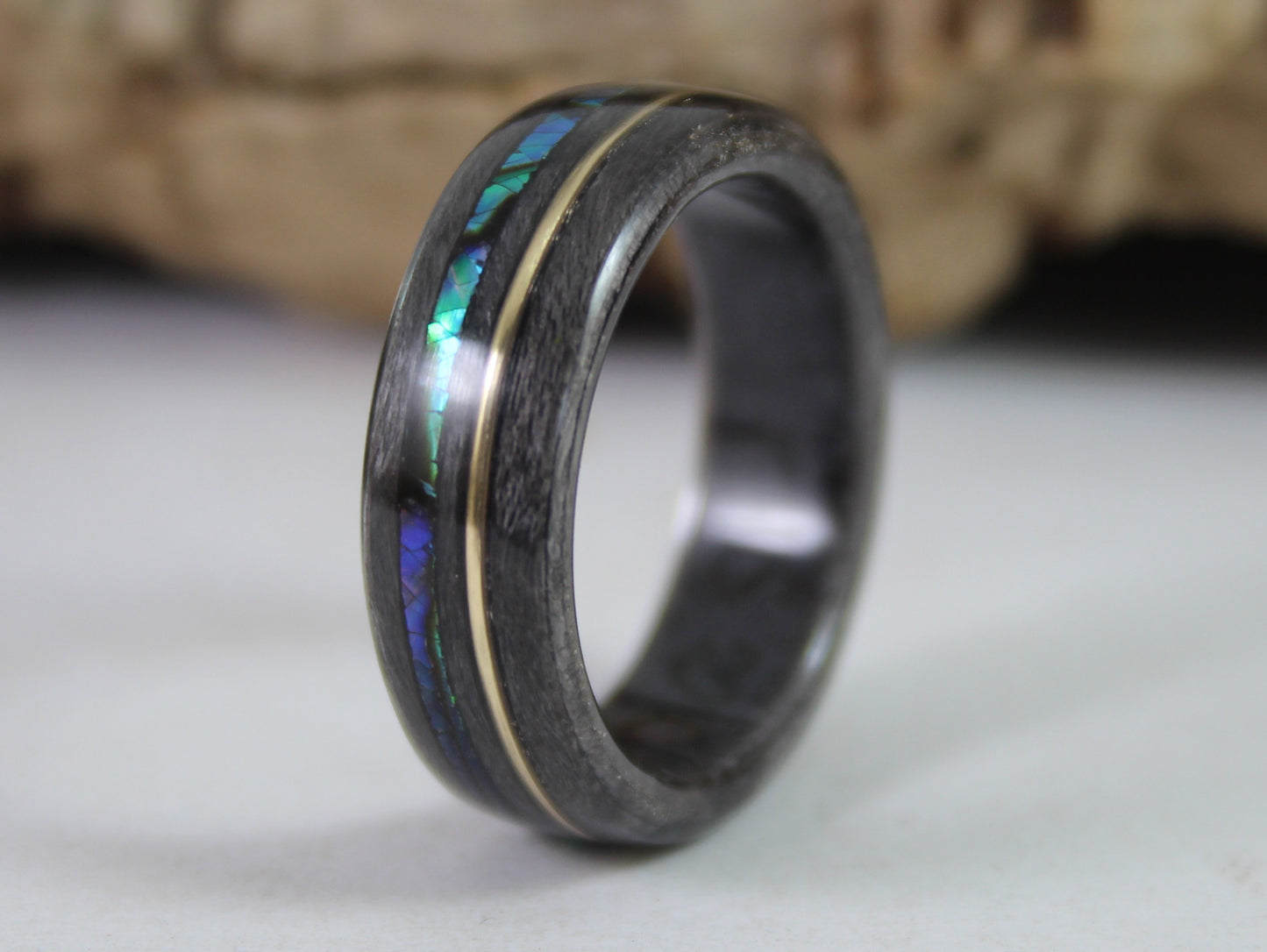 Grey Maple with Gold  and Paua Abalone Bent Wood Ring