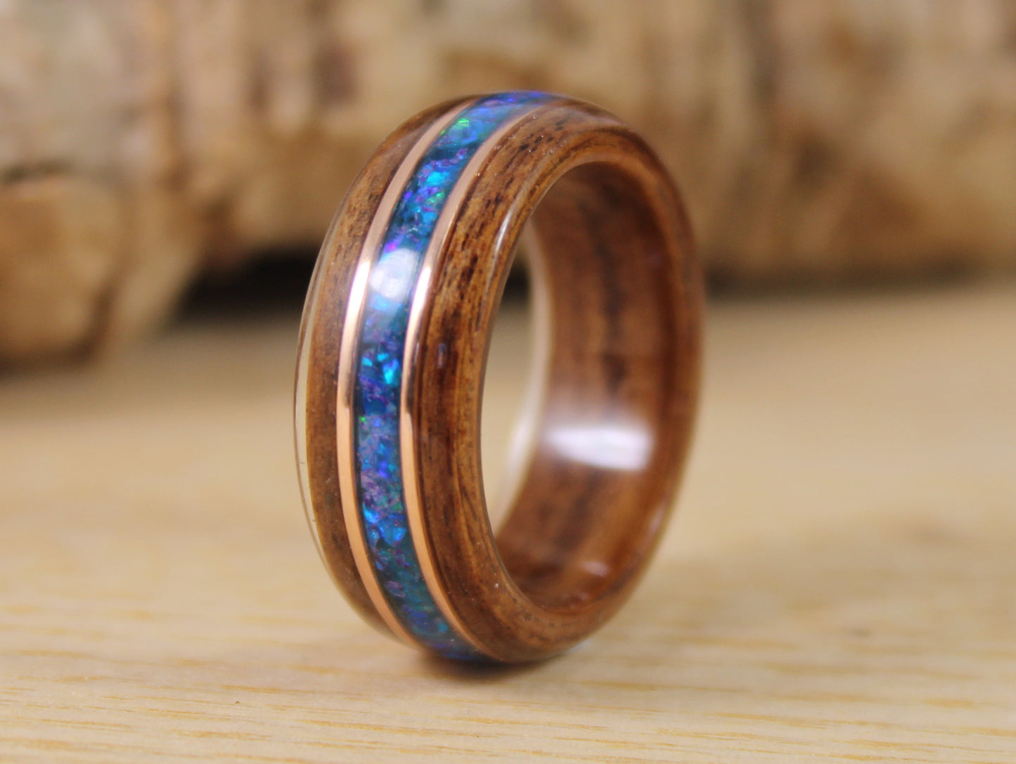Rosewood Bent Wood Ring with Blue Opal and Rose Gold Pinstripes