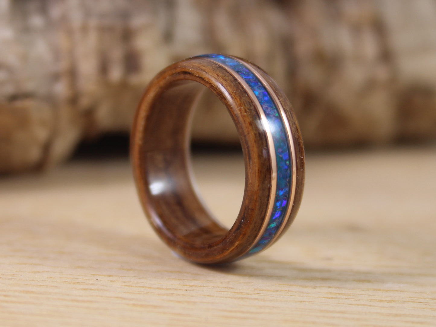 Rosewood Bent Wood Ring with Blue Opal and Rose Gold Pinstripes
