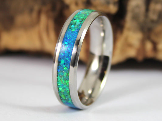 Steel Ring with Green and Blue Opal